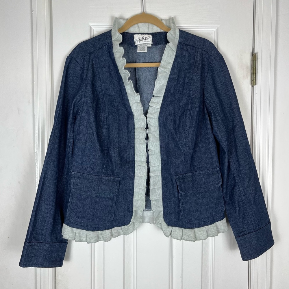 Live A Little Y2K Soft Denim Ruffle Front Jacket Sz L Victorian Steampunk 2000’s